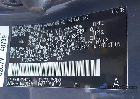 2008 Toyota Sienna Le из США, поврежденный, VIN 5TDZK23C18S210277